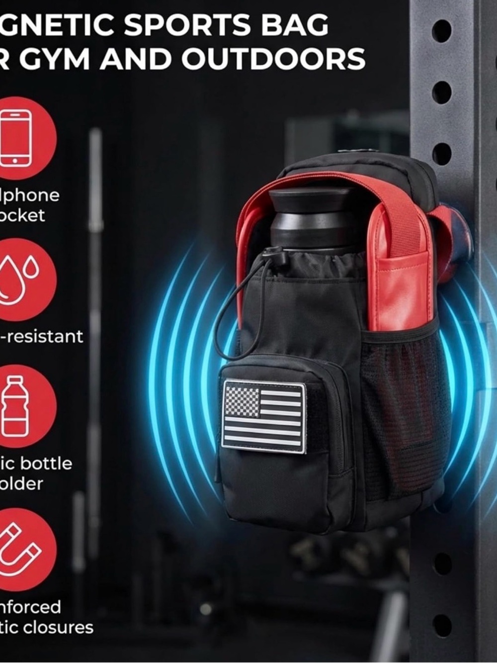 Magnetic Gym Bag, Magnetic Water Bottle Holder Sling with Phone Pocket & Key Pou